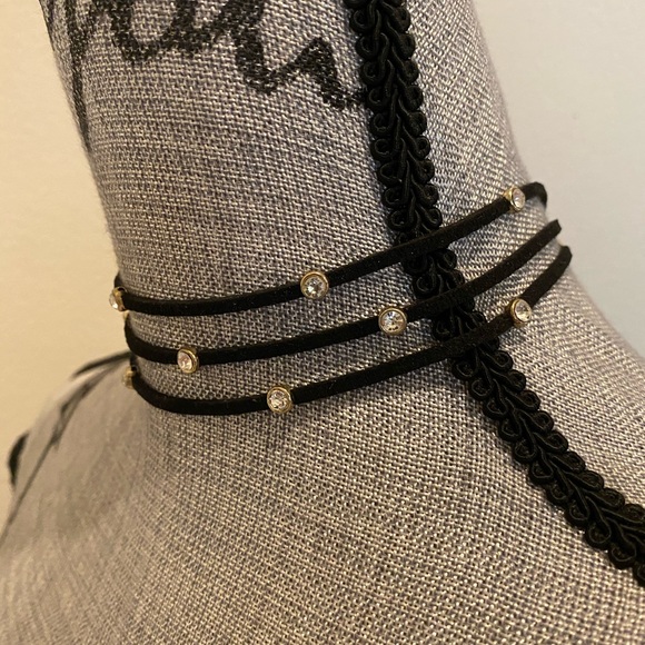 Layered Black Choker Necklace with Rhinestones - Picture 4 of 5